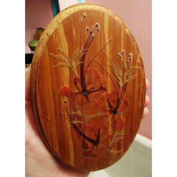 Vintage Two Oval Shaped Dried Pressed Flowers Wall Hanging Plaque farmhouse boho - Picture 4 of 9